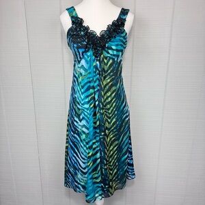 Valerie Bertinelli Y2K Dress Zebra Print Blue Green Ruffle V-neck Sleeveless 6
